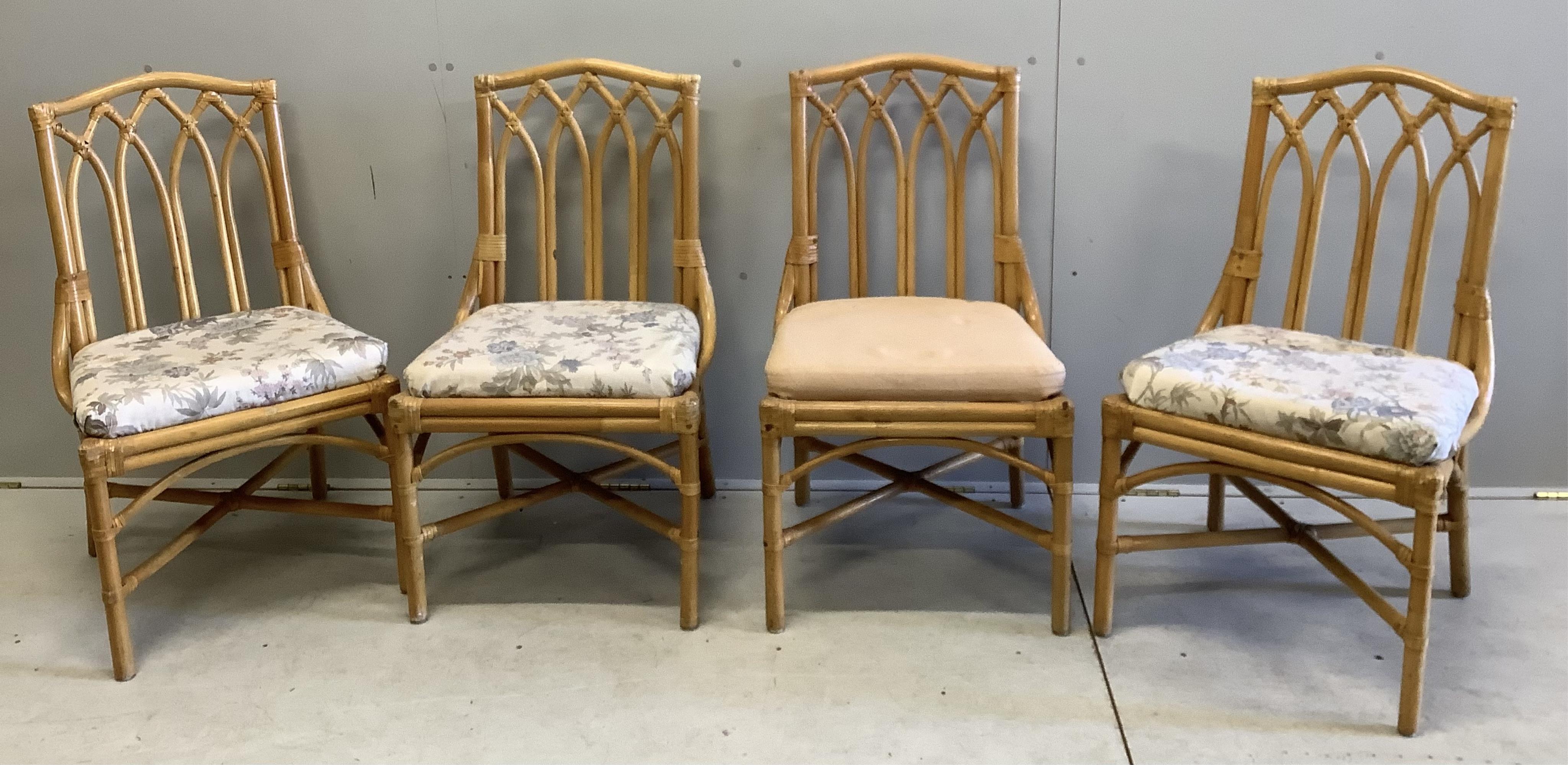 A set of four bamboo conservatory chairs, width 50cm, depth 46cm, height 92cm. Condition - good